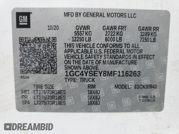 2021 Chevrolet Silverado 3500HD Work Truck with VIN 1GC4YSEY8MF116263, listed as a Copart auction lot 72795074 with 85,852 mi miles and Salvage Title. Bid and sale history available at carsss.com. Image 12.