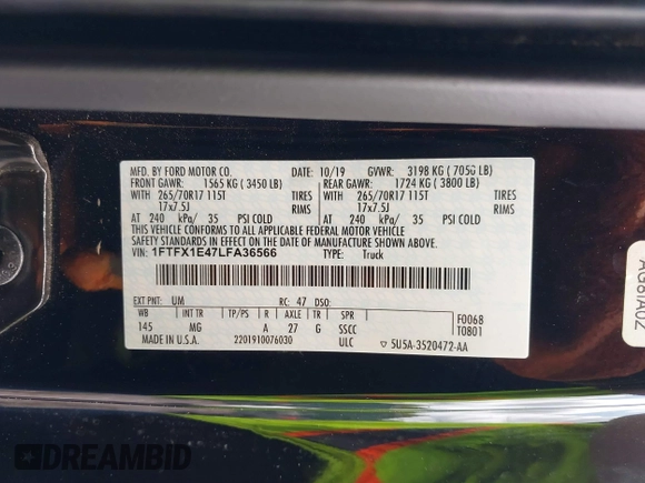 2020 Ford F-150 XL with VIN 1FTFX1E47LFA36566, listed as a IAAI auction lot 39364878 with 55,188 mi miles. Bid and sale history available at carsss.com. Image 9.