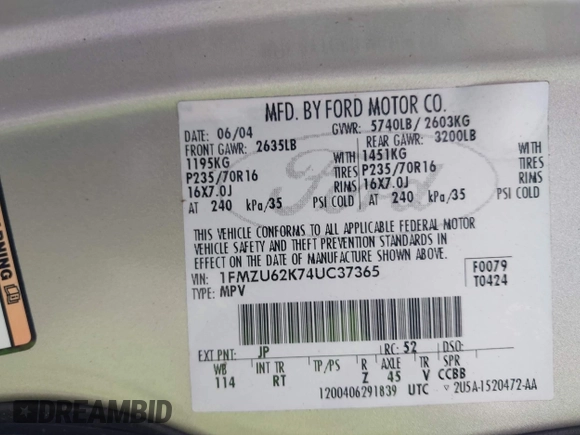 2004 Ford Explorer XLS with VIN 1FMZU62K74UC37365, listed as a IAAI auction lot 42204190 with 144,350 mi miles and . Bid and sale history available at DreamBid. Image 9.