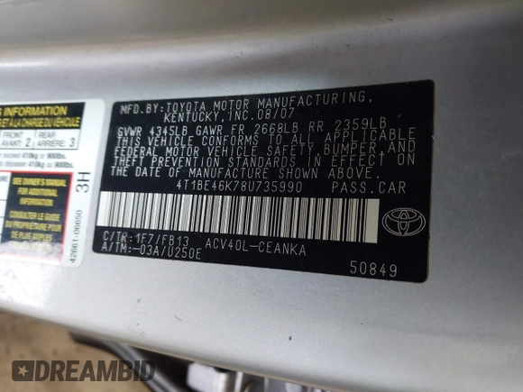 2008 Toyota Camry LE z VIN 4T1BE46K78U735990, wystawiony jako IAAI lot #41730503 z przebiegiem 222 514 mil mil oraz . Historia ofert i sprzedaży dostępna na DreamBid. Obrazek 9.