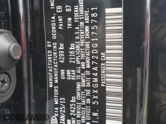 2013 Kia Optima LX z VIN 5XXGM4A72DG175781, wystawiony jako Copart lot #58235885 z przebiegiem 180 949 mil mil oraz Szkody całkowita. Historia ofert i sprzedaży dostępna na DreamBid. Obrazek 12.