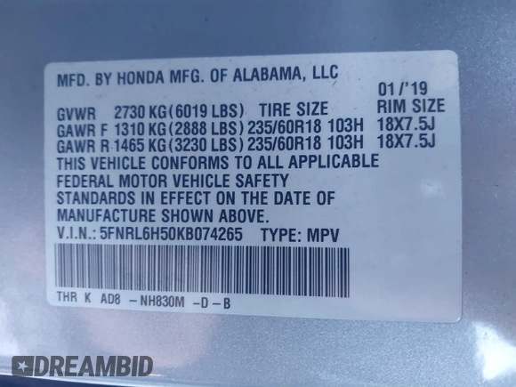 2019 Honda Odyssey EX with VIN 5FNRL6H50KB074265, listed as a IAAI auction lot 40964685 with 74,719 mi miles and . Bid and sale history available at DreamBid. Image 9.