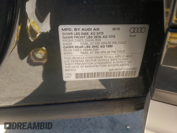 2018 Audi Q5 Premium Plus with VIN WA1BNAFY7J2204890, listed as a Copart auction lot 65254672 with 66,995 mi miles. Bid and sale history available at carsss.com. Image 10.