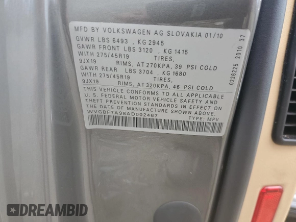 2010 Volkswagen Touareg VR6 with VIN WVGBF7A98AD002467, listed as a Copart auction lot 49431605 with Not Provided miles and Salvage Title. Bid and sale history available at DreamBid. Image 14.
