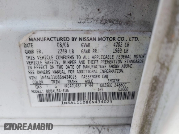 2006 Nissan Altima 2.5 with VIN 1N4AL11D86N434025, listed as a IAAI auction lot 42000845 with 123,662 mi miles and . Bid and sale history available at DreamBid. Image 9.
