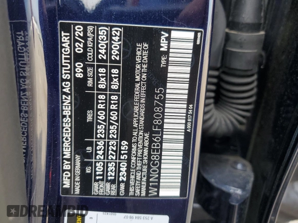2020 Mercedes-Benz GLC with VIN W1N0G8EB6LF808755, listed as a Copart auction lot 49897765 with 66,948 mi miles and Salvage Title. Bid and sale history available at carsss.com. Image 13.