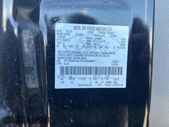 2007 Ford F-150 XLT with VIN 1FTPW14V37KD04897, listed as a Copart auction lot 66037465 with 188,945 mi miles and Clean title. Bid and sale history available at DreamBid. Image 10.