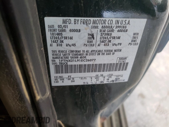 2001 Ford Super Duty F-250 XL with VIN 1FTNX21L91EC26077, listed as a Copart auction lot 71952324 with 221,340 mi miles and Salvage Title. Bid and sale history available at carsss.com. Image 12.