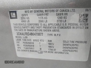 2011 Chevrolet Equinox LTZ z VIN 2CNALFEC4B6470877, wystawiony jako IAAI lot #42328361 z przebiegiem 102 595 mil mil oraz . Historia ofert i sprzedaży dostępna na DreamBid. Obrazek 9.