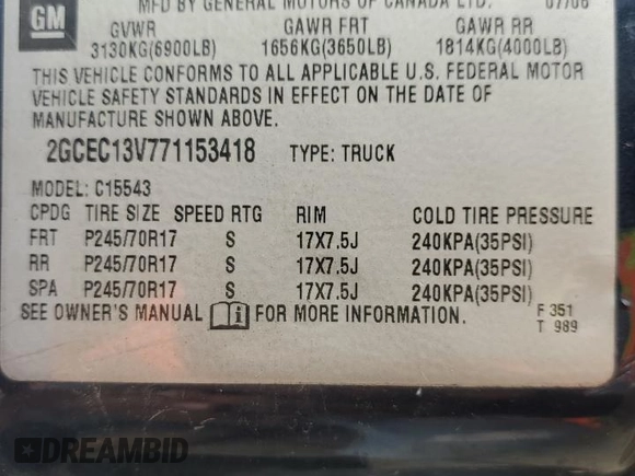 2007 Chevrolet Silverado 1500 LS with VIN 2GCEC13V771153418, listed as a Copart auction lot 53798195 with 196,078 mi miles and Salvage Title. Bid and sale history available at DreamBid. Image 12.