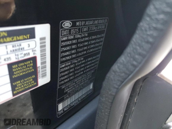 2015 Land Rover Range Rover Supercharged with VIN SALGS3TF9FA239228, listed as a Copart auction lot 64989352 with 78,727 mi miles and Non repairable. Bid and sale history available at DreamBid. Image 10.