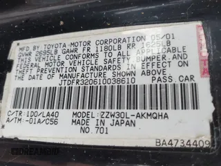 2001 Toyota MR2 z VIN JTDFR320610038610, wystawiony jako IAAI lot #40795637 z przebiegiem 70 516 mil mil oraz . Historia ofert i sprzedaży dostępna na DreamBid. Obrazek 9.