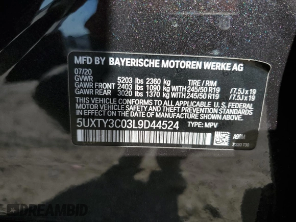 2020 BMW X3 sDrive30i with VIN 5UXTY3C03L9D44524, listed as a Copart auction lot 52212245 with 44,932 mi miles and Salvage Title. Bid and sale history available at carsss.com. Image 14.
