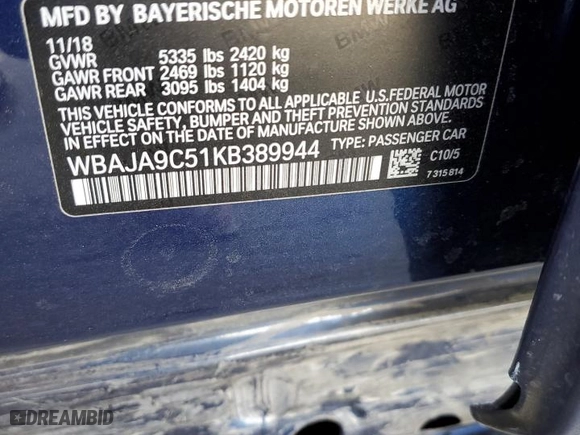 2019 BMW 5 Series 530e iPerformance with VIN WBAJA9C51KB389944, listed as a Copart auction lot 87080924 with 83,935 mi miles and Salvage Title. Bid and sale history available at carsss.com. Image 12.