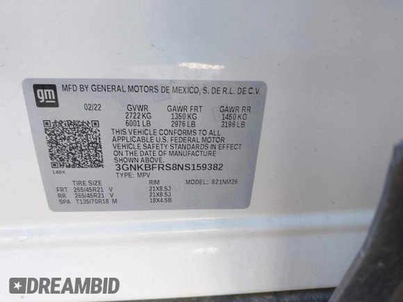 2022 Chevrolet Blazer Premier with VIN 3GNKBFRS8NS159382, listed as a IAAI auction lot 42031038 with 65,055 mi miles and . Bid and sale history available at DreamBid. Image 9.
