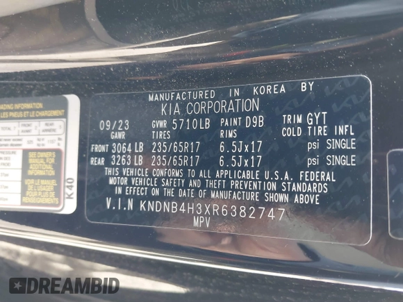 2024 Kia Carnival LX with VIN KNDNB4H3XR6382747, listed as a IAAI auction lot 41672196 with 40,045 mi miles. Bid and sale history available at carsss.com. Image 9.