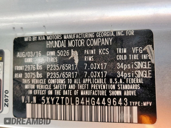 2017 Hyundai Santa Fe 2.4L with VIN 5XYZTDLB4HG449643, listed as a Copart auction lot 60880195 with 153,893 mi miles and Clean title. Bid and sale history available at DreamBid. Image 13.