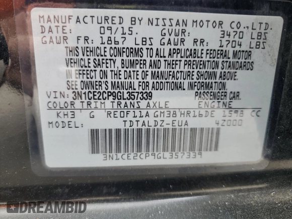 2016 Nissan Note S Plus with VIN 3N1CE2CP9GL357339, listed as a Copart auction lot 50441985 with 108,020 mi miles and Clean Title. Bid and sale history available at DreamBid. Image 14.