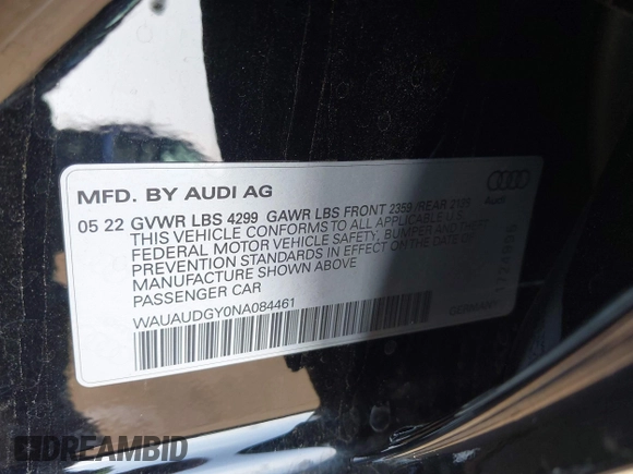 2022 Audi A3 Premium with VIN WAUAUDGY0NA084461, listed as a IAAI auction lot 41454349 with 33,441 mi miles. Bid and sale history available at carsss.com. Image 9.