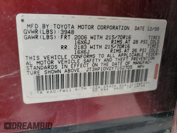 2000 Toyota RAV4 z VIN JT3HP10V2Y7162705, wystawiony jako Copart lot #54268515 z przebiegiem 310 778 mil mil oraz Czysty tytuł • Clean title. Historia ofert i sprzedaży dostępna na DreamBid. Obrazek 13.