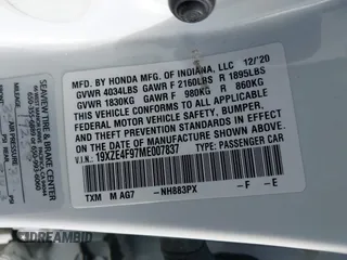 2021 Honda Insight Touring with VIN 19XZE4F97ME007837, listed as a IAAI auction lot 38425393 with 109,180 mi miles and . Bid and sale history available at carsss.com. Image 9.