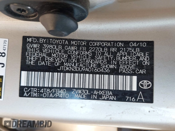 2010 Toyota Prius II with VIN JTDKN3DU9A0160436, listed as a IAAI auction lot 42068708 with 172,664 mi miles. Bid and sale history available at carsss.com. Image 9.