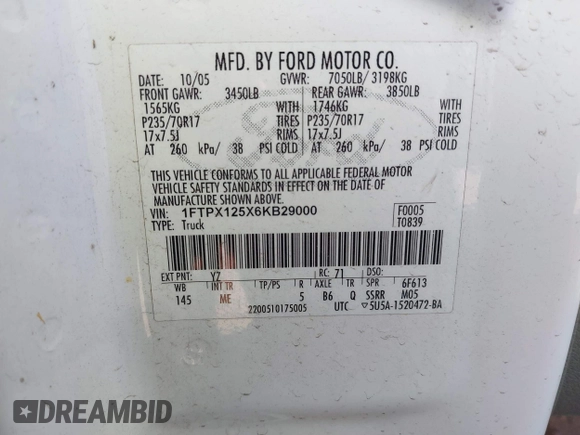 2006 Ford F-150 XLT with VIN 1FTPX125X6KB29000, listed as a IAAI auction lot 42245184 with 148,718 mi miles and . Bid and sale history available at DreamBid. Image 9.