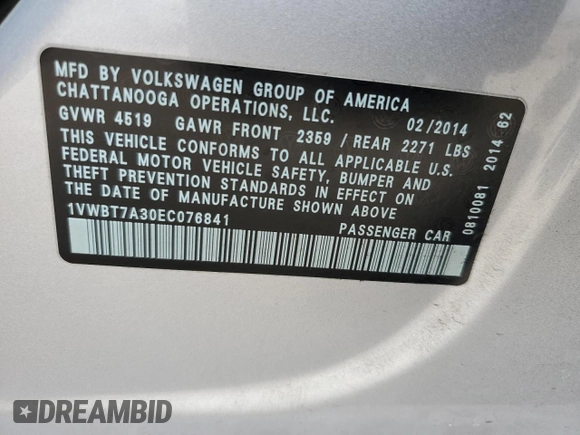 2014 Volkswagen Passat SE z VIN 1VWBT7A30EC076841, wystawiony jako Copart lot #52970685 z przebiegiem 142 628 mil mil oraz Szkoda całkowita • Salvage title. Historia ofert i sprzedaży dostępna na DreamBid. Obrazek 12.