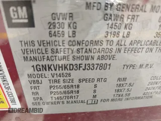 2015 Chevrolet Traverse LT with VIN 1GNKVHKD3FJ337801, listed as a IAAI auction lot 39801496 with 118,159 mi miles and . Bid and sale history available at DreamBid. Image 9.
