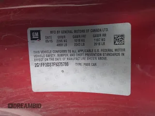 2015 Chevrolet Camaro LT with VIN 2G1FF3D37F9275788, listed as a IAAI auction lot 41109936 with 87,198 mi miles. Bid and sale history available at carsss.com. Image 9.
