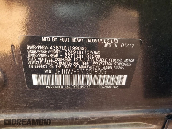 2012 Subaru WRX WRX with VIN JF1GV7E61CG018093, listed as a Copart auction lot 46181275 with 87,626 mi miles and Salvage title. Bid and sale history available at DreamBid. Image 14.