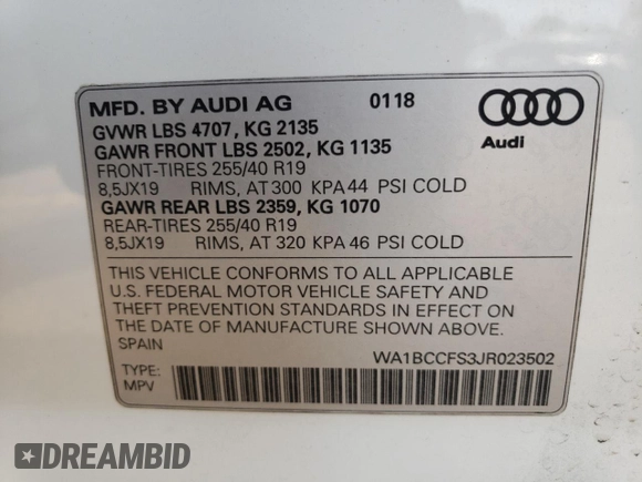 2018 Audi Q3 Premium with VIN WA1BCCFS3JR023502, listed as a Copart auction lot 47142733 with 38,444 mi miles. Bid and sale history available at carsss.com. Image 14.