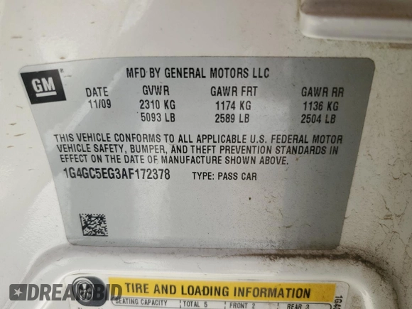2010 Buick LaCrosse CXL with VIN 1G4GC5EG3AF172378, listed as a Copart auction lot 48846235 with 124,253 mi miles and Salvage Title. Bid and sale history available at DreamBid. Image 12.