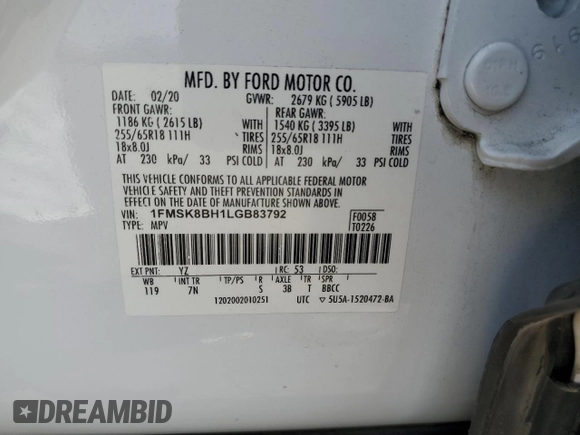 2020 Ford Explorer with VIN 1FMSK8BH1LGB83792, listed as a Copart auction lot 67385294 with 187,590 mi miles and Salvage Title. Bid and sale history available at carsss.com. Image 15.