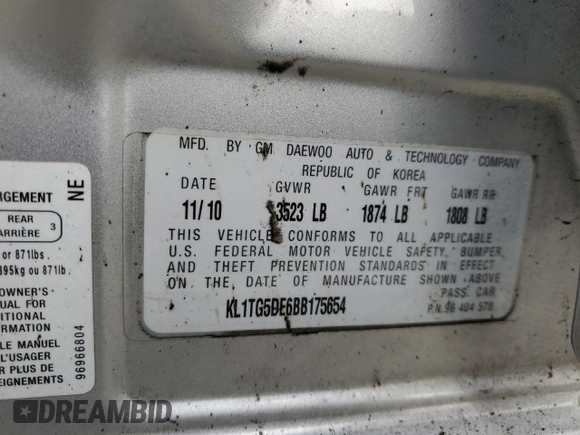 2011 Chevrolet Aveo 2LT with VIN KL1TG5DE6BB175654, listed as a Copart auction lot 44346215 with 175,867 mi miles and Salvage title. Bid and sale history available at DreamBid. Image 13.