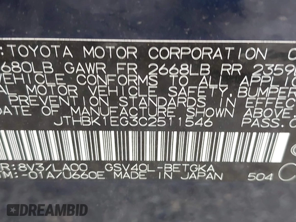 2012 Lexus ES 330 with VIN JTHBK1EG3C2511546, listed as a IAAI auction lot 42660862 with 107,071 mi miles and . Bid and sale history available at DreamBid. Image 9.