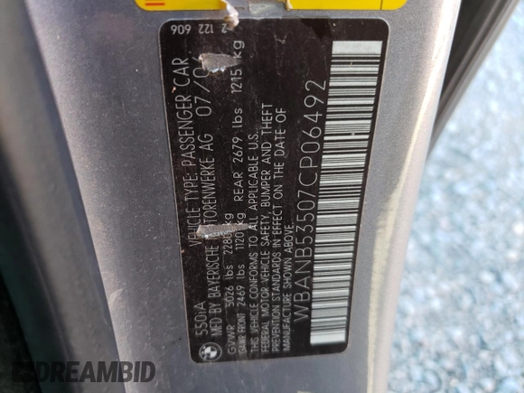 2007 BMW 5 Series 550i with VIN WBANB53507CP06492, listed as a Copart auction lot 44062275 with 143,030 mi miles and Clean Title. Bid and sale history available at DreamBid. Image 12.