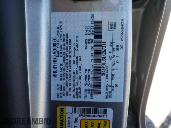 2020 Ford Fusion SE z VIN 3FA6P0LU3LR267311, wystawiony jako Copart lot #56350115 z przebiegiem 53 359 mil mil oraz Szkoda całkowita • Salvage title. Historia ofert i sprzedaży dostępna na DreamBid. Obrazek 12.