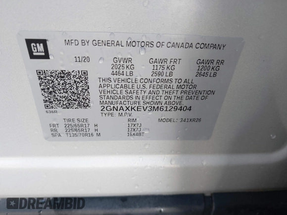 2021 Chevrolet Equinox LT with VIN 2GNAXKEV3M6129404, listed as a IAAI auction lot 41779923 with 113,615 mi miles and . Bid and sale history available at DreamBid. Image 9.