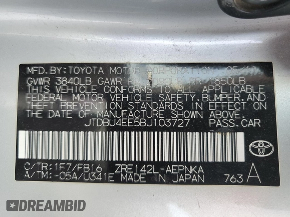 2011 Toyota Corolla L with VIN JTDBU4EE5BJ103727, listed as a Copart auction lot 89411495 with 158,414 mi miles and Salvage Title. Bid and sale history available at carsss.com. Image 12.