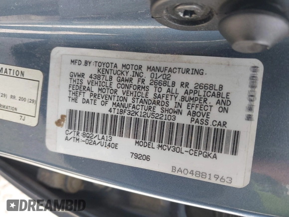 2002 Toyota Camry XLE z VIN 4T1BF32K12U522103, wystawiony jako IAAI lot #42047263 z przebiegiem 293 503 mil mil oraz . Historia ofert i sprzedaży dostępna na DreamBid. Obrazek 9.