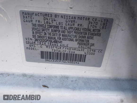 2016 Nissan Note S Plus with VIN 3N1CE2CP7GL400141, listed as a IAAI auction lot 41381601 with 111,294 mi miles and . Bid and sale history available at DreamBid. Image 9.