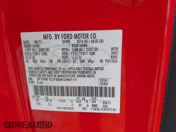 2011 Ford F-150 XL с VIN 1FTMF1CF5BKD98111, выставлен на аукционе IAAI как лот 42430698 с пробегом 154 574 миль миль и . История ставок и продаж доступна на DreamBid. Изображение 9.