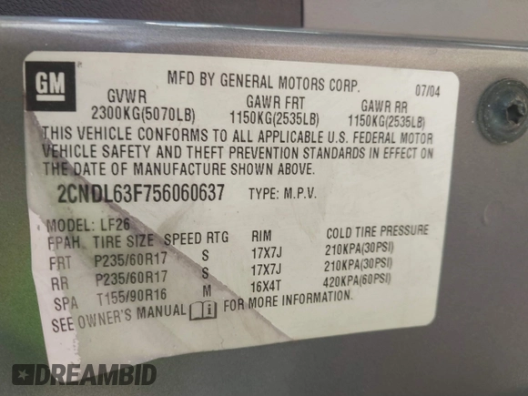 2005 Chevrolet Equinox LT with VIN 2CNDL63F756060637, listed as a IAAI auction lot 41718994 with 158,291 mi miles. Bid and sale history available at carsss.com. Image 9.