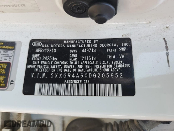 2013 Kia Optima SX with VIN 5XXGR4A60DG205952, listed as a Copart auction lot 63803755 with 177,008 mi miles and Salvage title. Bid and sale history available at DreamBid. Image 12.