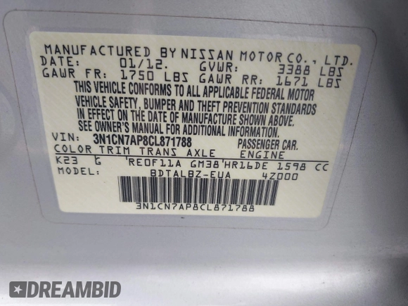 2012 Nissan Versa SV with VIN 3N1CN7AP8CL871788, listed as a IAAI auction lot 42819687 with 71,033 mi miles and . Bid and sale history available at DreamBid. Image 9.