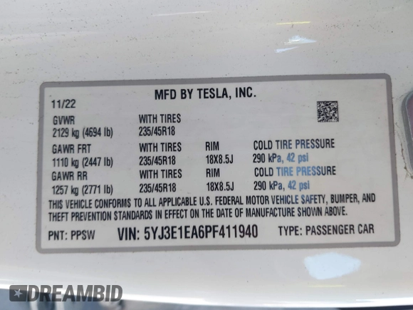 2023 Tesla Model 3 with VIN 5YJ3E1EA6PF411940, listed as a IAAI auction lot 41829537 with 32,877 mi miles and . Bid and sale history available at carsss.com. Image 9.