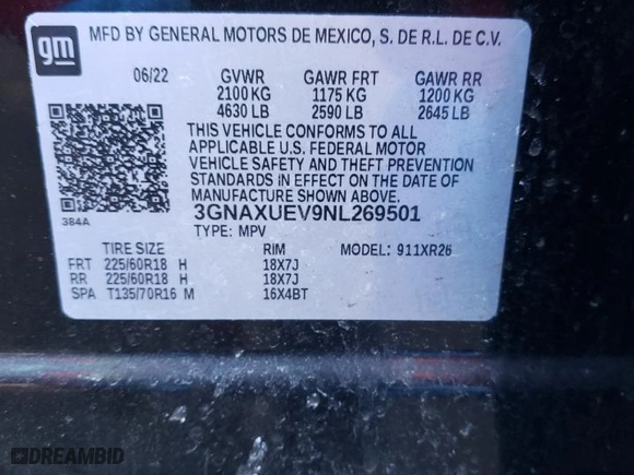2022 Chevrolet Equinox LT with VIN 3GNAXUEV9NL269501, listed as a Copart auction lot 46684515 with 75,590 mi miles and Non Repairable. Bid and sale history available at carsss.com. Image 13.