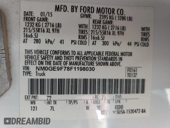 2015 Ford Transit Connect XLT with VIN NM0GE9F78F1198030, listed as a Copart auction lot 55994265 with 187,440 mi miles and Salvage title. Bid and sale history available at DreamBid. Image 14.