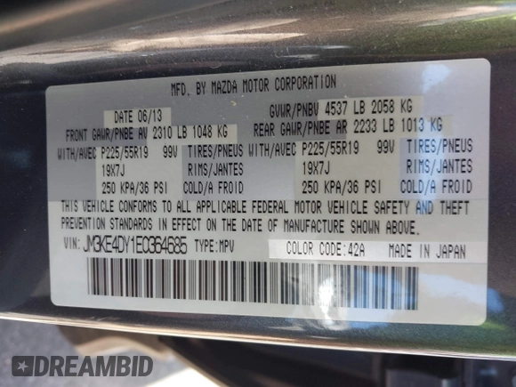 2014 Mazda CX-5 Grand Touring with VIN JM3KE4DY1E0364685, listed as a IAAI auction lot 41665349 with 135,751 mi miles. Bid and sale history available at carsss.com. Image 9.